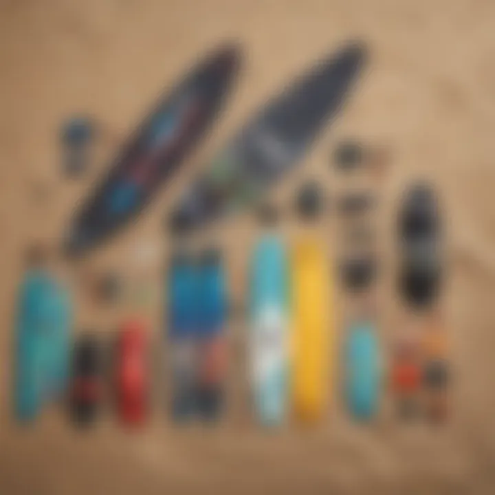 Essential kiteboarding gear laid out on a beach