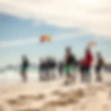 A group of power kite enthusiasts at a beach