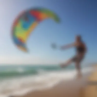 A kiteboarder practicing on the beach with a trainer kite, emphasizing skill development.