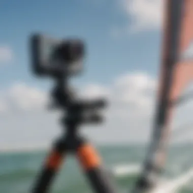 Close-up of Soloshot device mounted on a tripod during a kiteboarding session