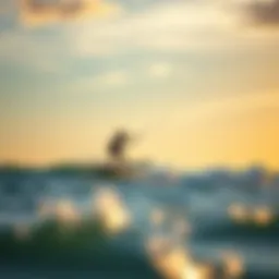 A scenic view of a rider gliding over waves on a SUP foil board