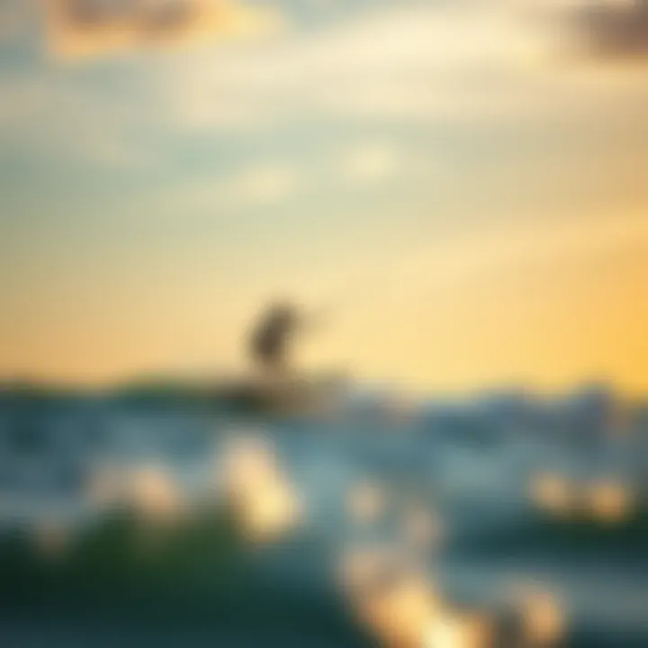 Rider Gliding on SUP Foil Board A scenic view of a rider gliding over waves on a SUP foil board