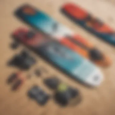 Close-up of kiteboarding gear laid out on the beach