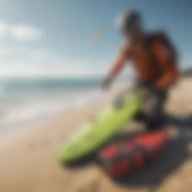 A serene beach setting with kitesurfing gear neatly arranged.