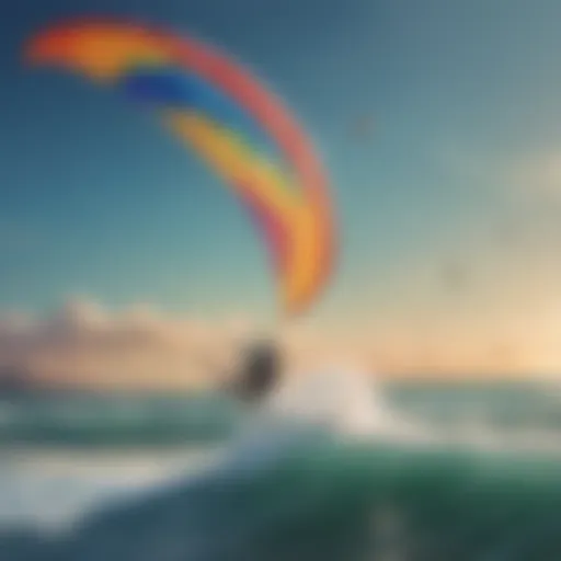 A vibrant kitesurfing scene with colorful kites soaring over the ocean.