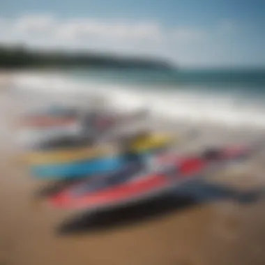 An array of different hydrofoil types displayed on a beach