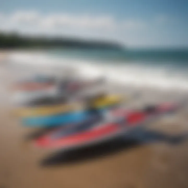 An array of different hydrofoil types displayed on a beach