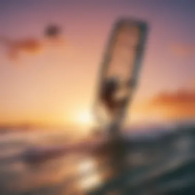 A kiteboarder navigating the waves with a hydrofoil during sunset