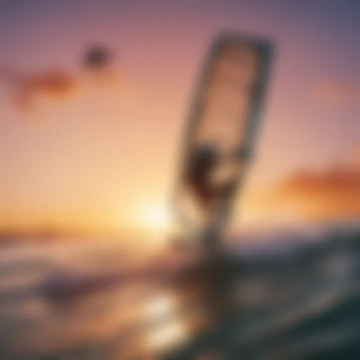 A kiteboarder navigating the waves with a hydrofoil during sunset