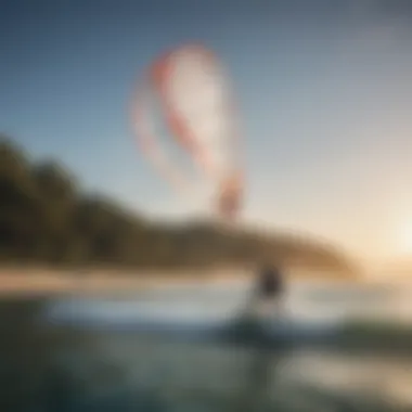 A kiteboarding enthusiast performing maintenance on their kite sail in a serene coastal setting