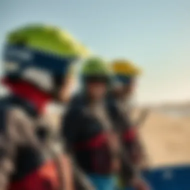 A group of kiteboarders wearing helmets and enjoying a sunny day at the beach