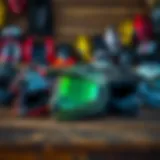 A variety of kiteboarding helmets showcased on a wooden table