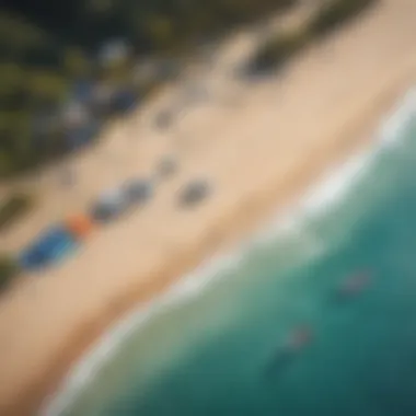 Aerial View of Kite Surfing Setup An aerial view of a vibrant kite surfing setup on a beach