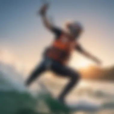 A sleek kiteboarder wearing a life jacket gliding over the water