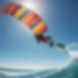 A vibrant kite soaring against a clear blue sky over an ocean