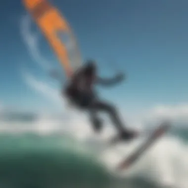 A thrilling kiteboarder executing a high jump above the waves