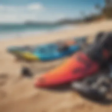 A collection of essential kiteboarding gear laid out on a sandy beach