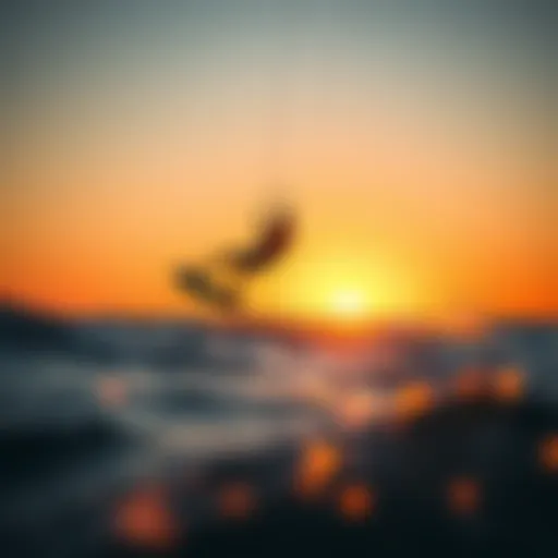 A kitesurfer gracefully gliding above the water at sunset