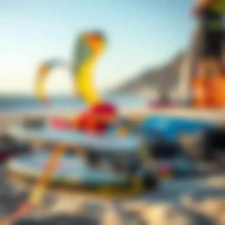 Kitesurfing Gear Essentials on the Beach An array of kitesurfing gear laid out on the beach