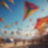 A vibrant collection of large kites displayed against a clear blue sky.