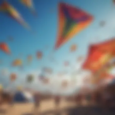 A vibrant collection of large kites displayed against a clear blue sky.