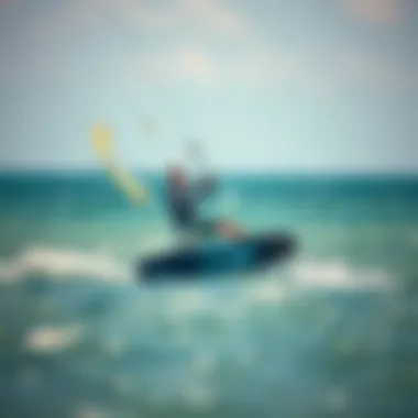 Kitesurfing with Hydro Foil Technology An athlete kitesurfing with a hydro foil board in clear waters