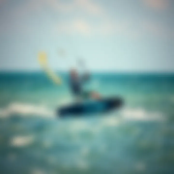 Kitesurfing with Hydro Foil Technology An athlete kitesurfing with a hydro foil board in clear waters