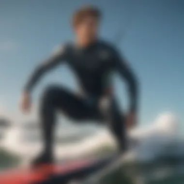 Detailed view of wetsuit fit and flexibility during a kiteboarding maneuver