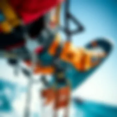 Harness Dynamics in Slingshot Maneuver Close-up view of kiteboarding harness during slingshot execution.