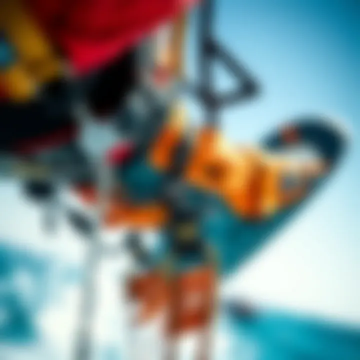 Harness Dynamics in Slingshot Maneuver Close-up view of kiteboarding harness during slingshot execution.
