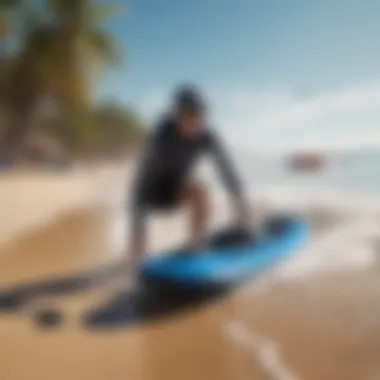 A vibrant beach scene showcasing electric jet body boards in use