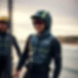 A sleek drysuit designed for kitesurfing showcasing its unique features