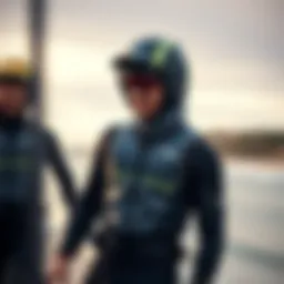 A sleek drysuit designed for kitesurfing showcasing its unique features