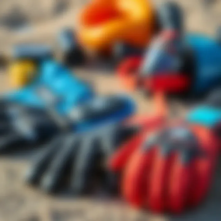 Essential Gear for Kiteboarding Kiteboarding equipment laid out, emphasizing the importance of gear selection, including gloves