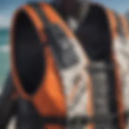 A close-up view of a high-performance impact vest designed for kiteboarding.