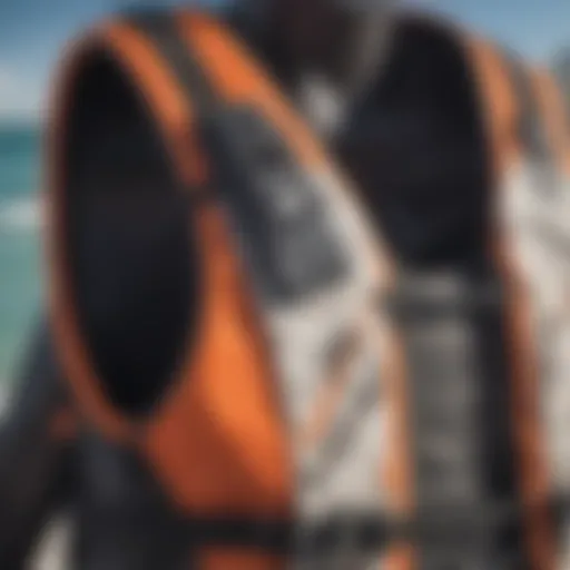 A close-up view of a high-performance impact vest designed for kiteboarding.