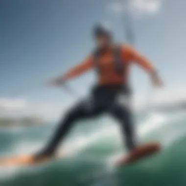 A kiteboarder demonstrating the flexibility and fit of an impact vest while riding.