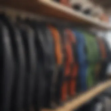 Different types of wetsuits displayed on a rack