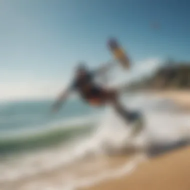 A scenic beach with kiteboarders using foil boards