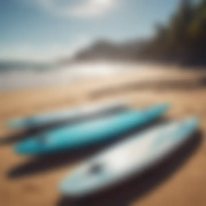 A serene beach scene with hydrofoil surfboards lined up ready for use