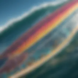 A close-up view of a hydrofoil surfboard showcasing its intricate design