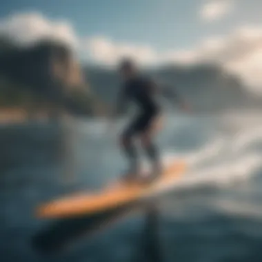 An action shot of a rider gliding over the water on a hydrofoil surfboard