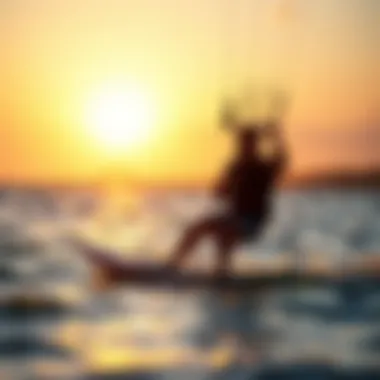 Enjoying the Perfect Kitesurfing Experience A serene kitesurfing scene during sunset with perfect wind