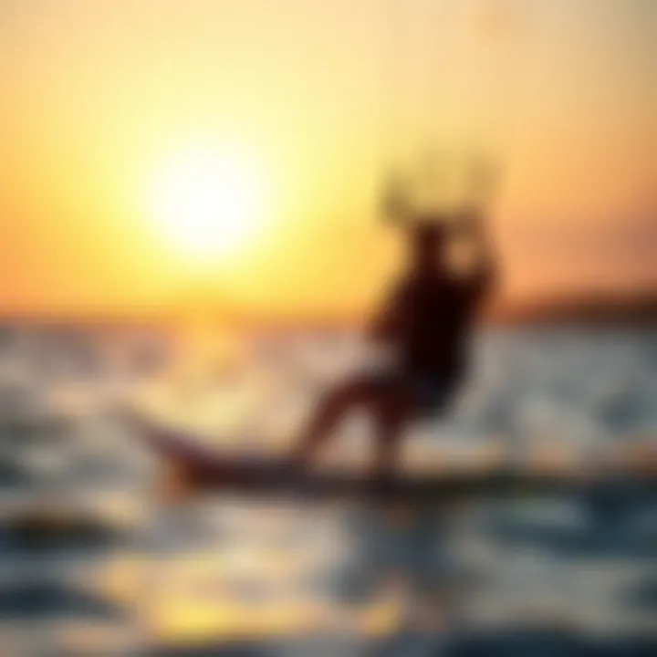 Enjoying the Perfect Kitesurfing Experience A serene kitesurfing scene during sunset with perfect wind