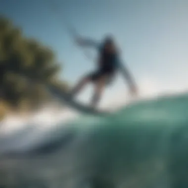 Kiteboarding Dynamics in Action A kiteboarder gracefully harnessing the power of liquid forces while riding a wave