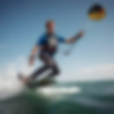 A kiteboarder performing a maneuver with a focus on the handle