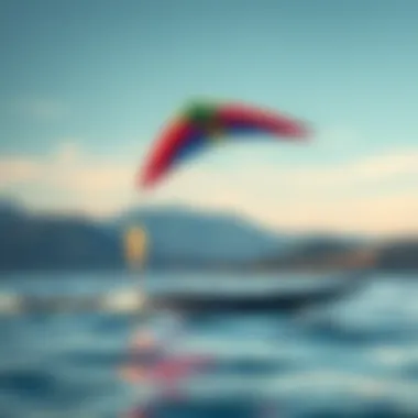 Kite Sailing Above the Lake A vibrant kite soaring high above a calm lake, showcasing the merging of wind and water