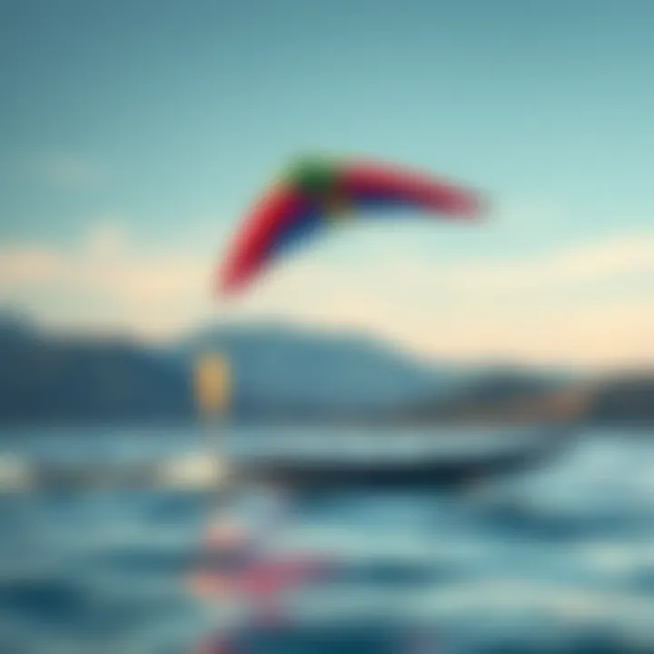 Kite Sailing Above the Lake A vibrant kite soaring high above a calm lake, showcasing the merging of wind and water
