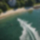 Aerial view of kiteboarders navigating the tidal waters of Beverly, MA