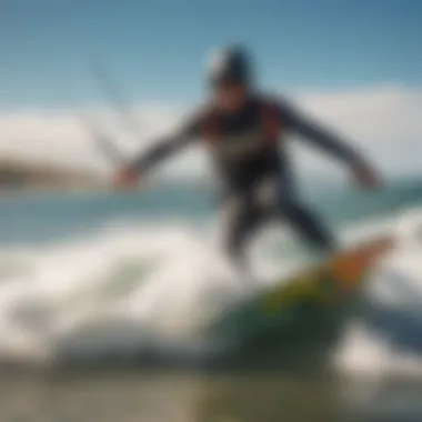 Kiteboarder riding waves during high tide